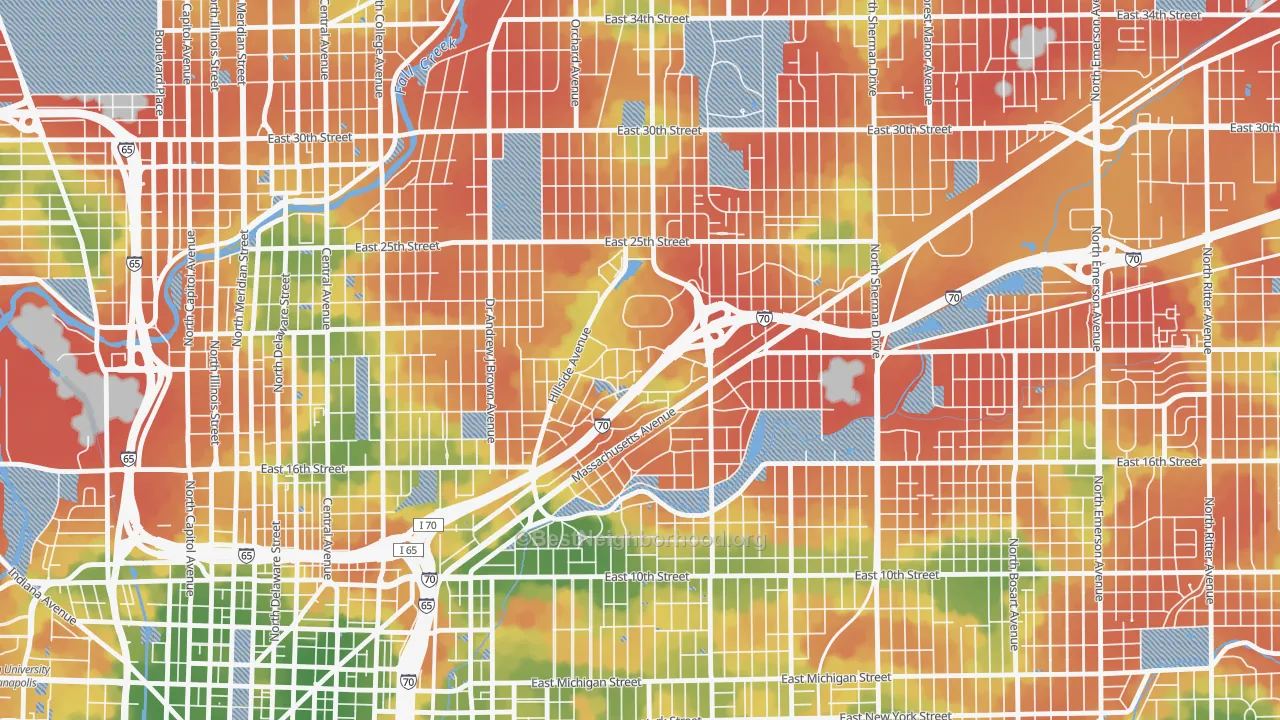 Walk Grade map of Martindale-Brightwood, Indianapolis, IN, walkable areas in green and car-dependent areas in red