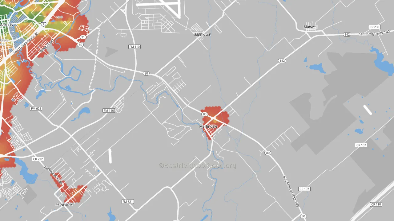 Walk Grade map of Martindale, TX, walkable areas in green and car-dependent areas in red