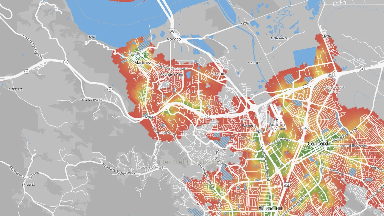 Walk Grade map of Martinez, CA, walkable areas in green and car-dependent areas in red