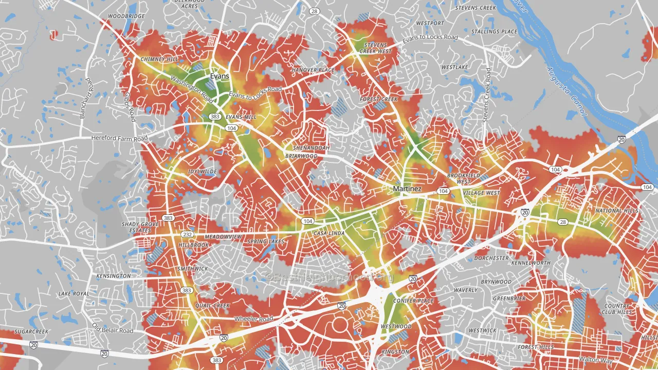 Walk Grade map of Martinez, GA, walkable areas in green and car-dependent areas in red