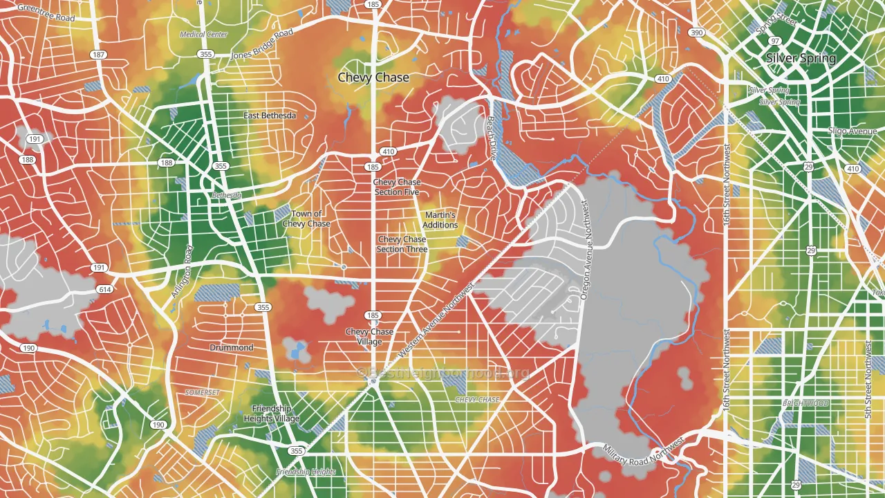 Walk Grade map of Martins Additions, MD, walkable areas in green and car-dependent areas in red