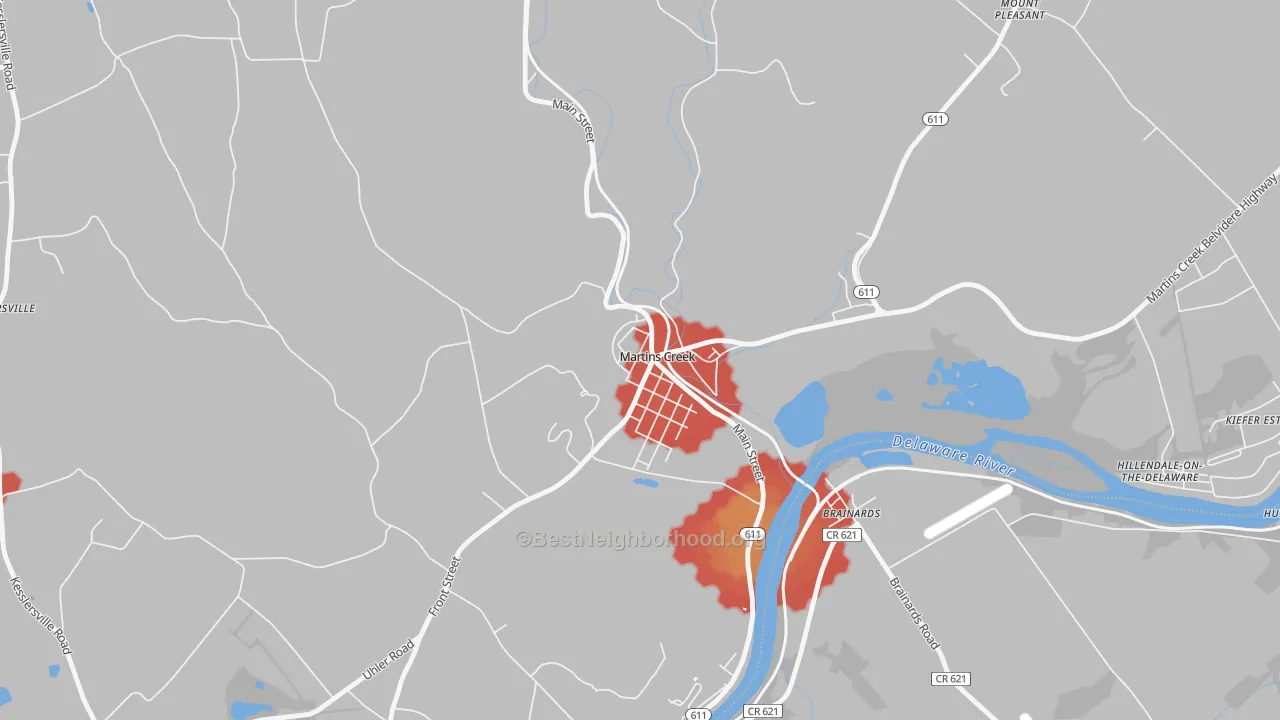 Walk Grade map of Martins Creek, PA, walkable areas in green and car-dependent areas in red