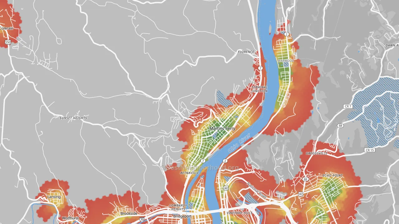 Walk Grade map of Martins Ferry, OH, walkable areas in green and car-dependent areas in red