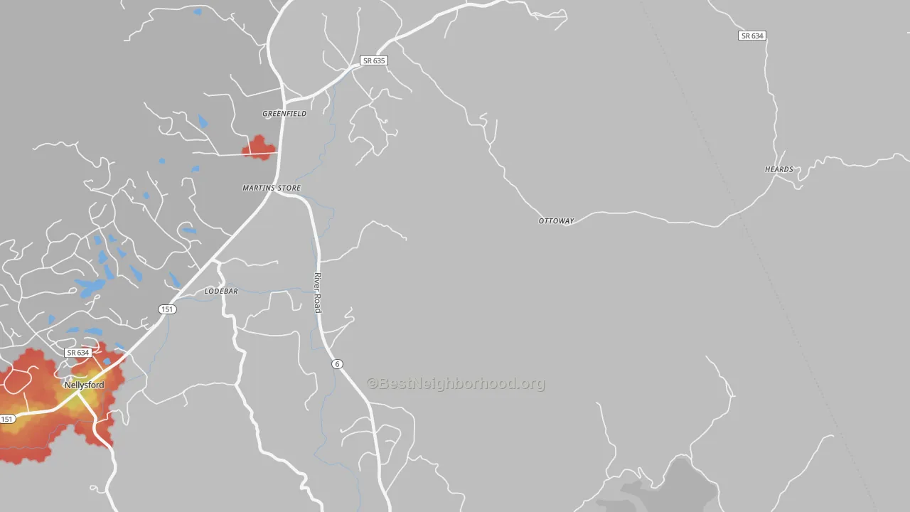 Walk Grade map of Martins Store, VA, walkable areas in green and car-dependent areas in red