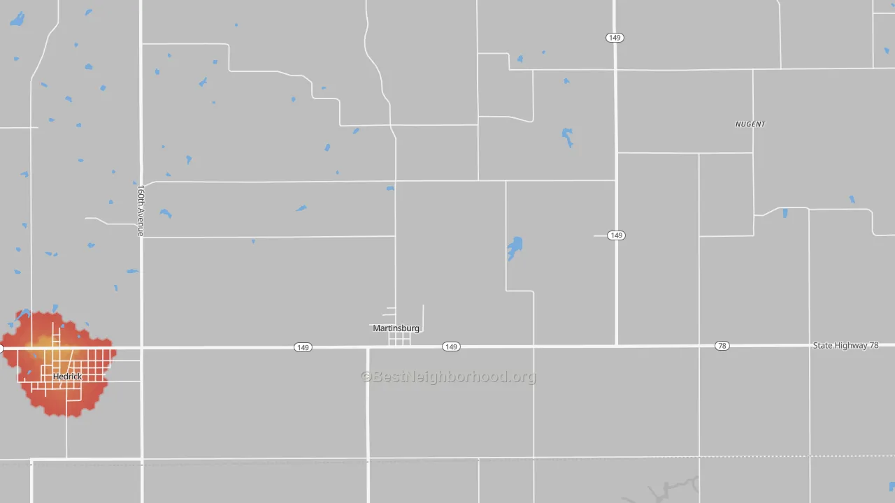 Walk Grade map of Martinsburg, IA, walkable areas in green and car-dependent areas in red