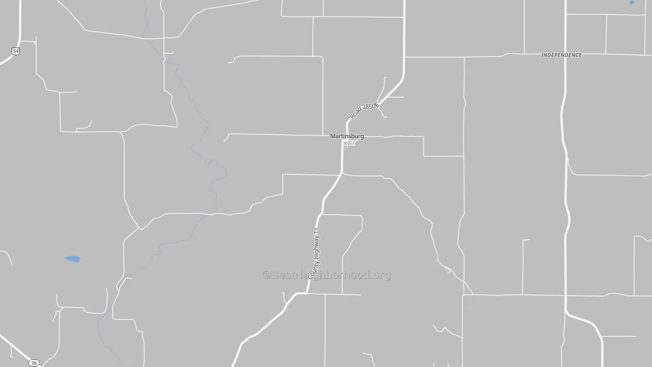 Walk Grade map of Martinsburg, IL, walkable areas in green and car-dependent areas in red