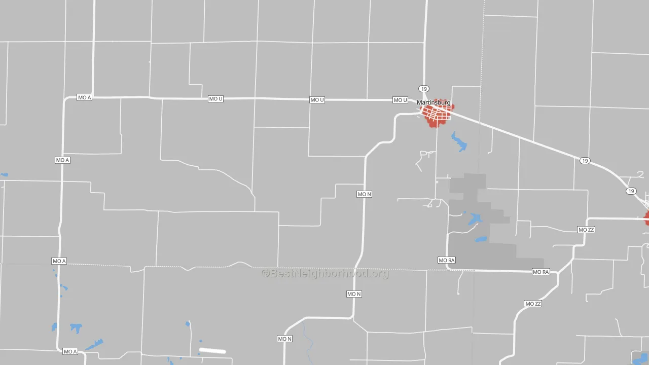 Walk Grade map of Martinsburg, MO, walkable areas in green and car-dependent areas in red