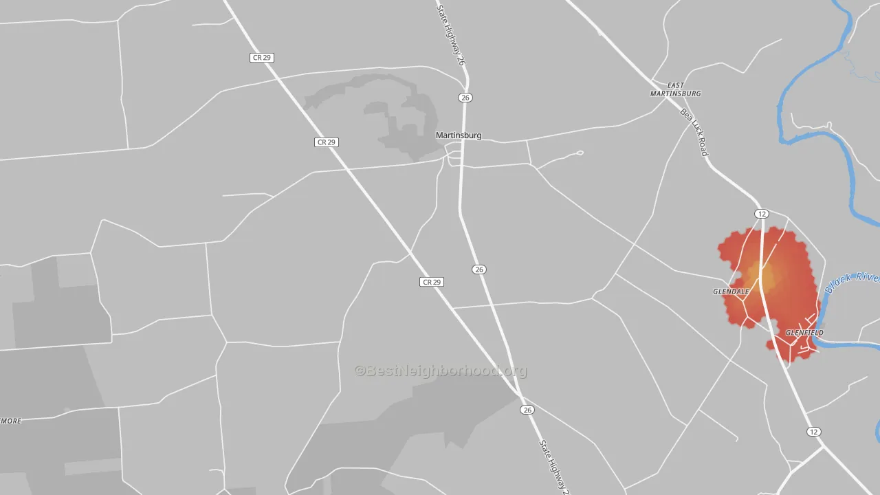 Walk Grade map of Martinsburg, NY, walkable areas in green and car-dependent areas in red