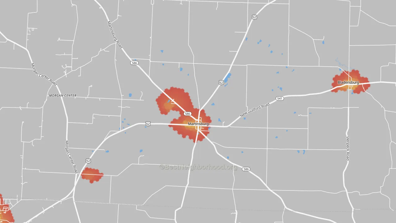 Walk Grade map of Martinsburg, OH, walkable areas in green and car-dependent areas in red