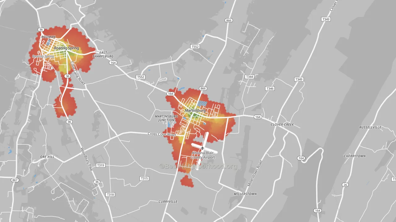 Walk Grade map of Martinsburg, PA, walkable areas in green and car-dependent areas in red