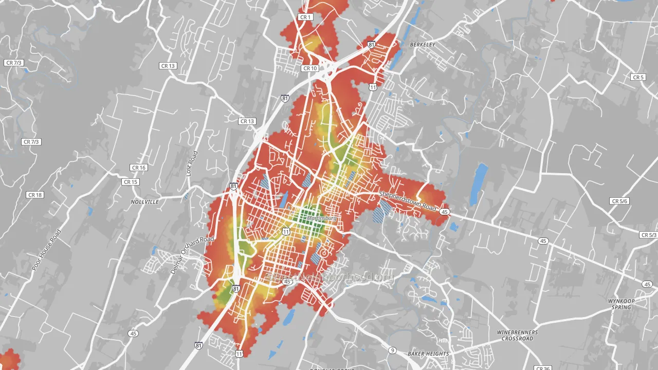 Walk Grade map of Martinsburg, WV, walkable areas in green and car-dependent areas in red