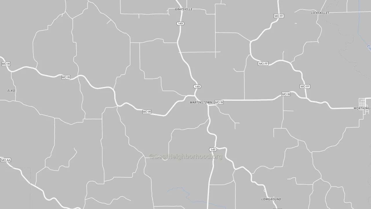 Walk Grade map of Martinstown, MO, walkable areas in green and car-dependent areas in red