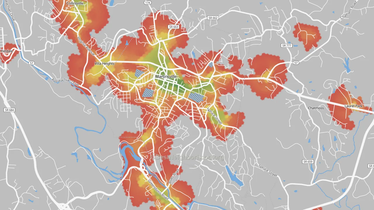 Walk Grade map of Martinsville City, VA, walkable areas in green and car-dependent areas in red