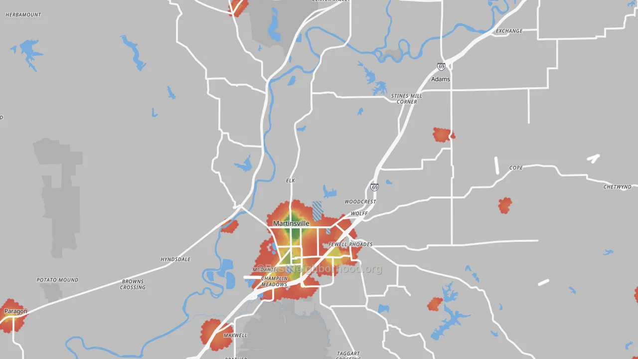 Walk Grade map of Martinsville, IN, walkable areas in green and car-dependent areas in red