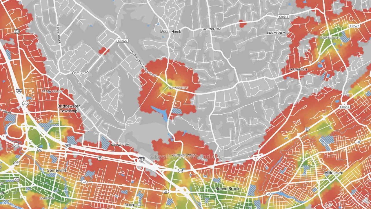 Walk Grade map of Martinsville, NJ, walkable areas in green and car-dependent areas in red