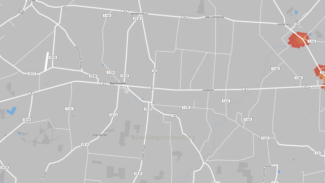 Walk Grade map of Martinsville, OH, walkable areas in green and car-dependent areas in red