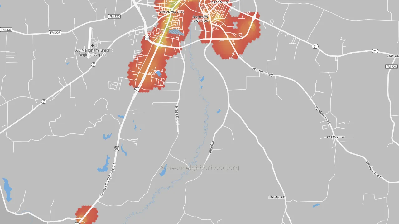 Walk Grade map of Martinsville, TX, walkable areas in green and car-dependent areas in red