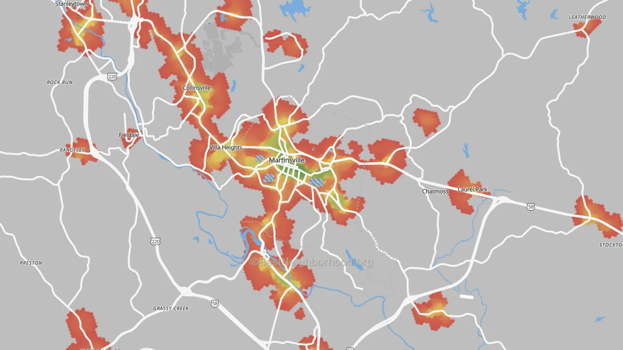 Walk Grade map of Martinsville, VA, walkable areas in green and car-dependent areas in red