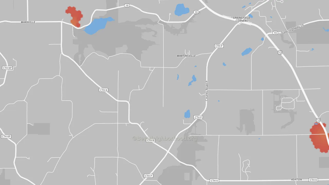 Walk Grade map of Martinsville, WI, walkable areas in green and car-dependent areas in red