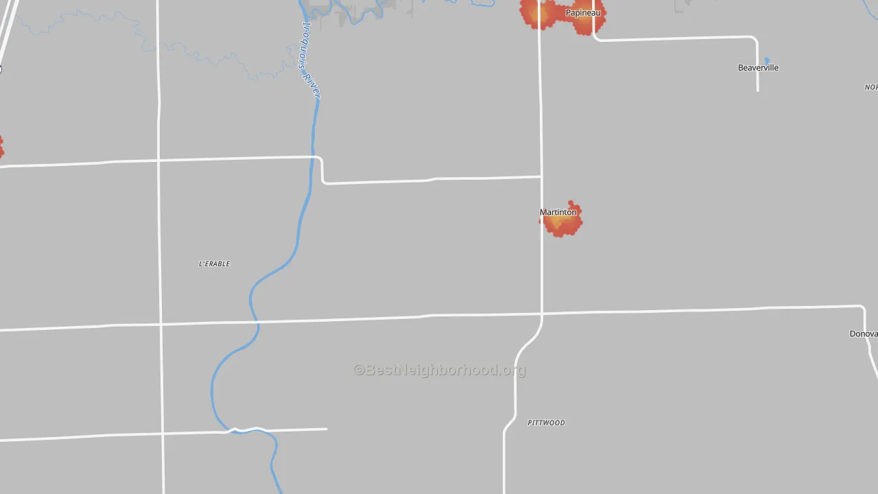 Walk Grade map of Martinton, IL, walkable areas in green and car-dependent areas in red