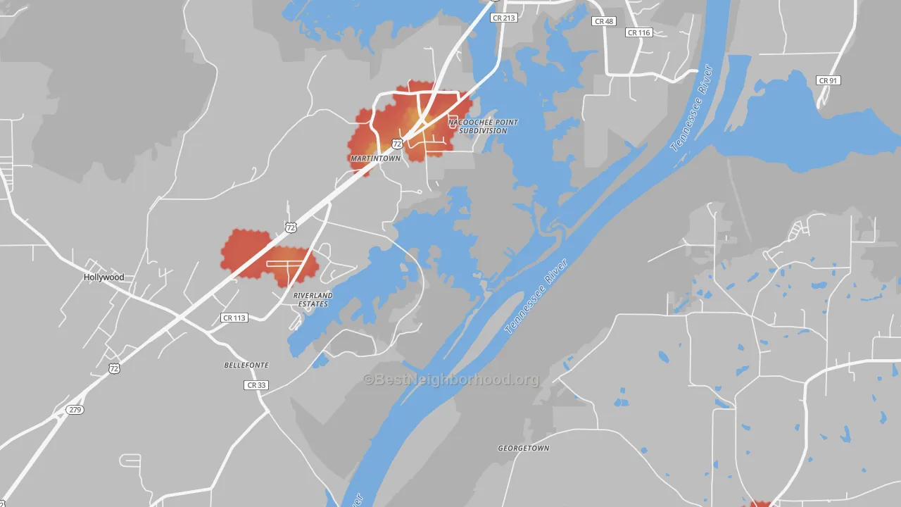 Walk Grade map of Martintown, AL, walkable areas in green and car-dependent areas in red