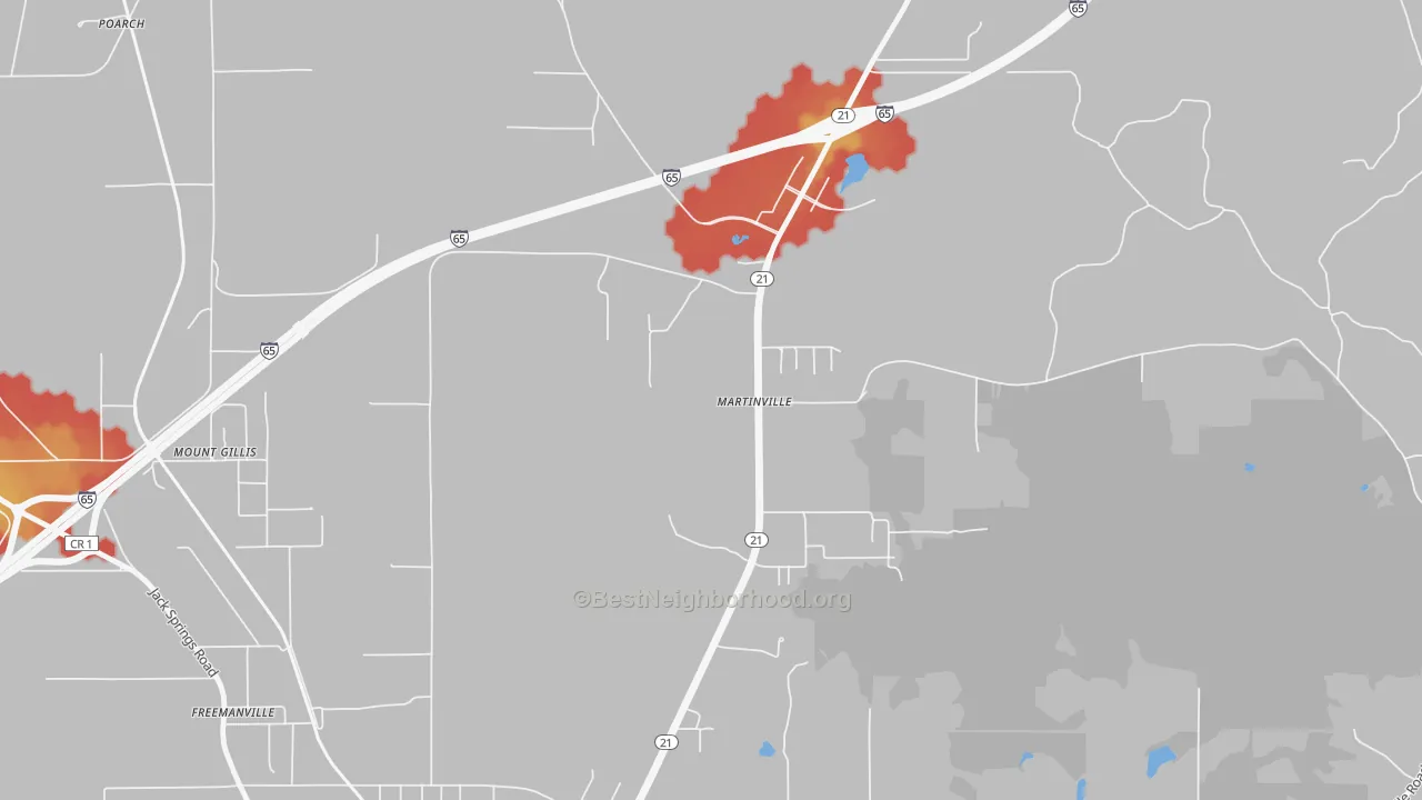 Walk Grade map of Martinville, AL, walkable areas in green and car-dependent areas in red