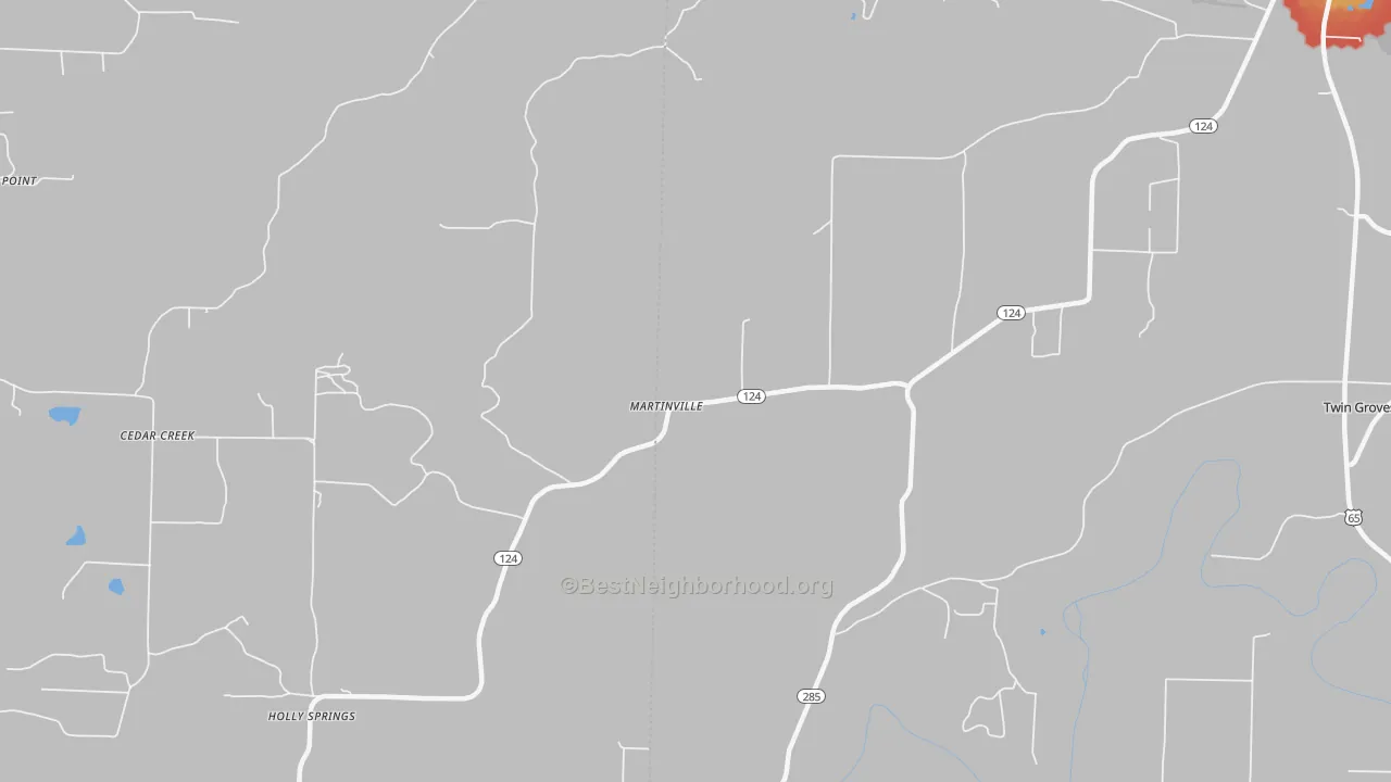 Walk Grade map of Martinville, AR, walkable areas in green and car-dependent areas in red