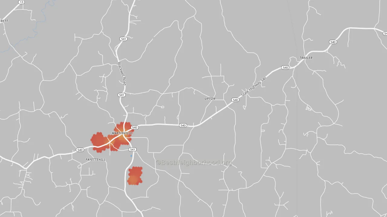 Walk Grade map of Martinville, MS, walkable areas in green and car-dependent areas in red