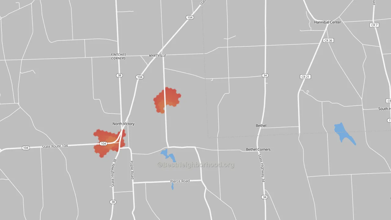 Walk Grade map of Martville, NY, walkable areas in green and car-dependent areas in red