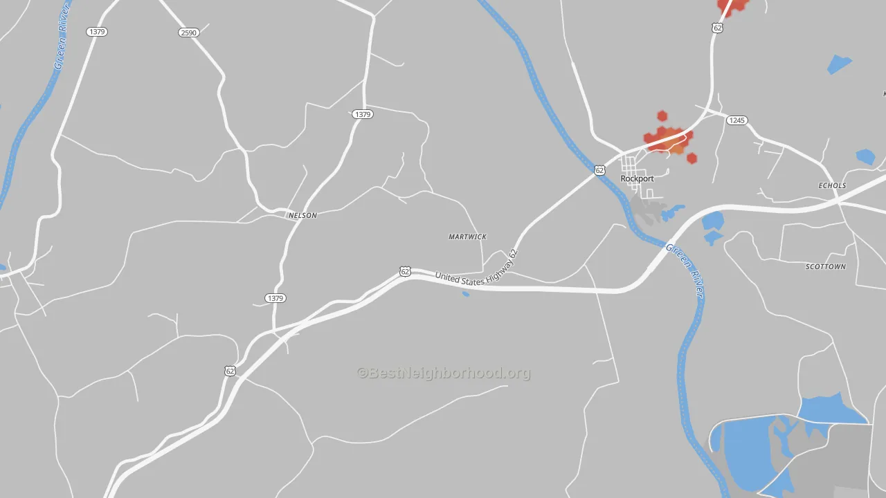 Walk Grade map of Martwick, KY, walkable areas in green and car-dependent areas in red