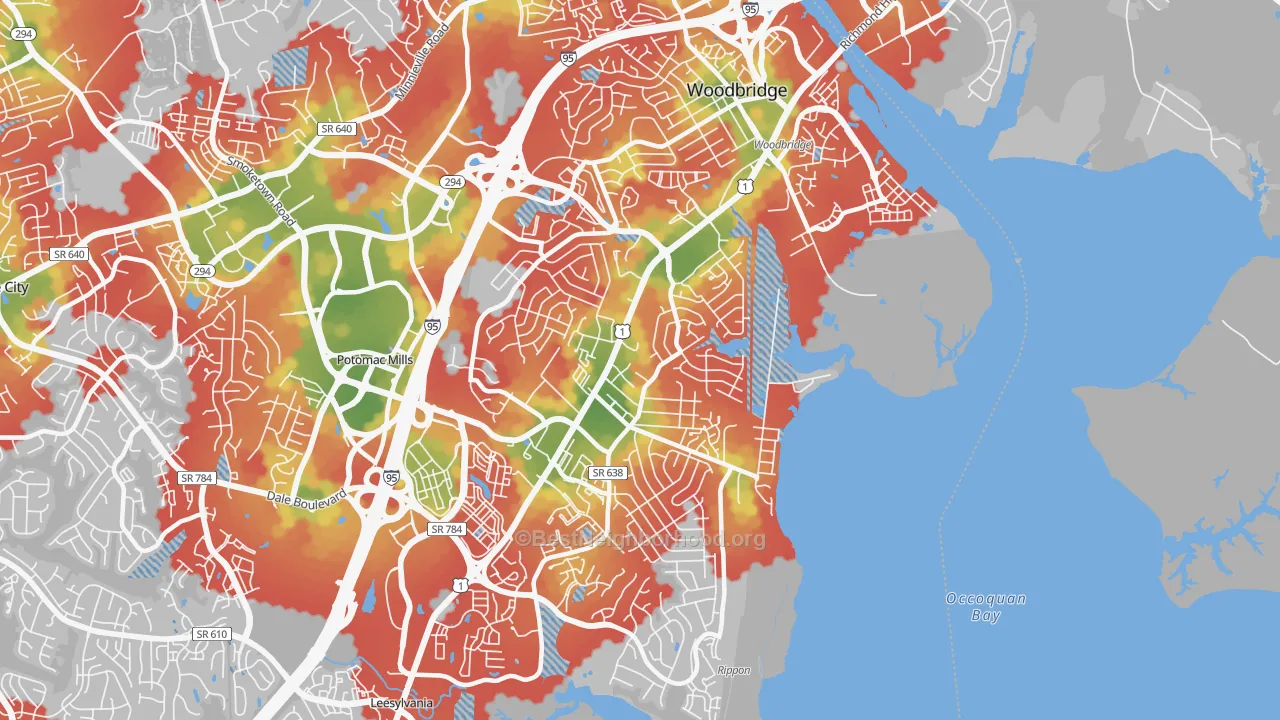 Walk Grade map of Marumsco, VA, walkable areas in green and car-dependent areas in red