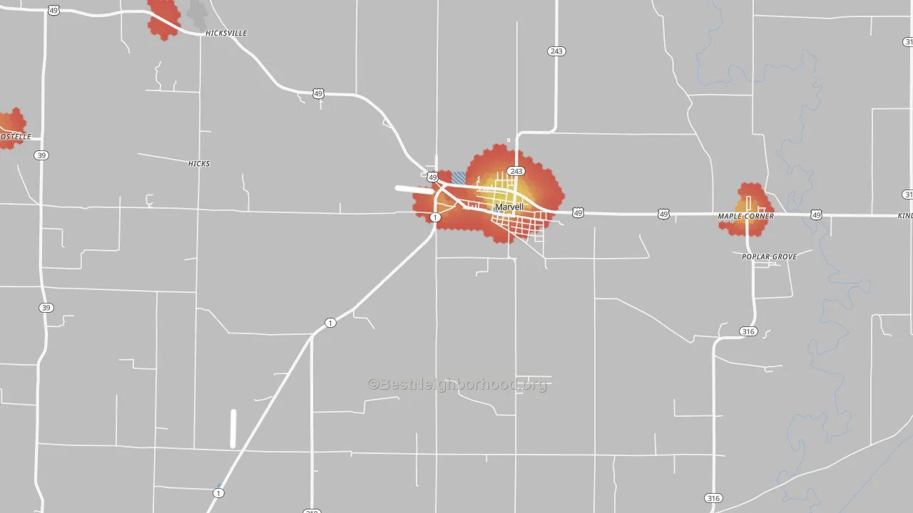 Walk Grade map of Marvell, AR, walkable areas in green and car-dependent areas in red