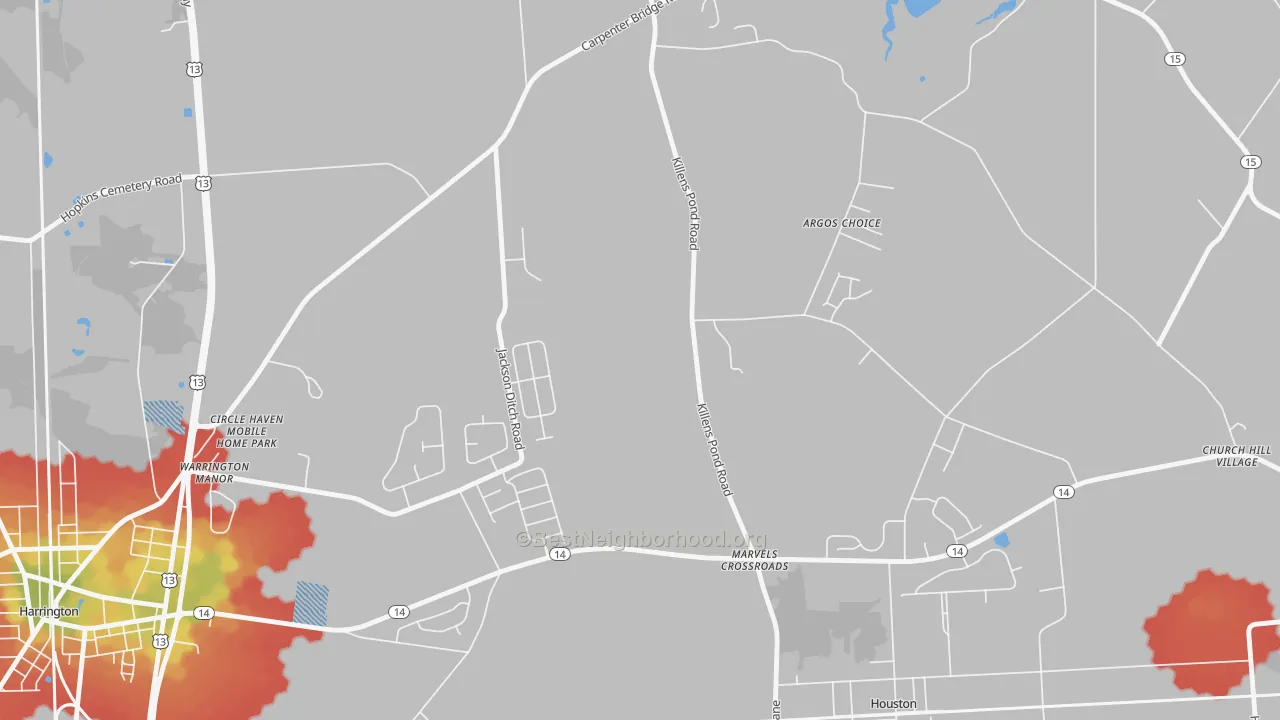 Walk Grade map of Marvels Crossroads, DE, walkable areas in green and car-dependent areas in red