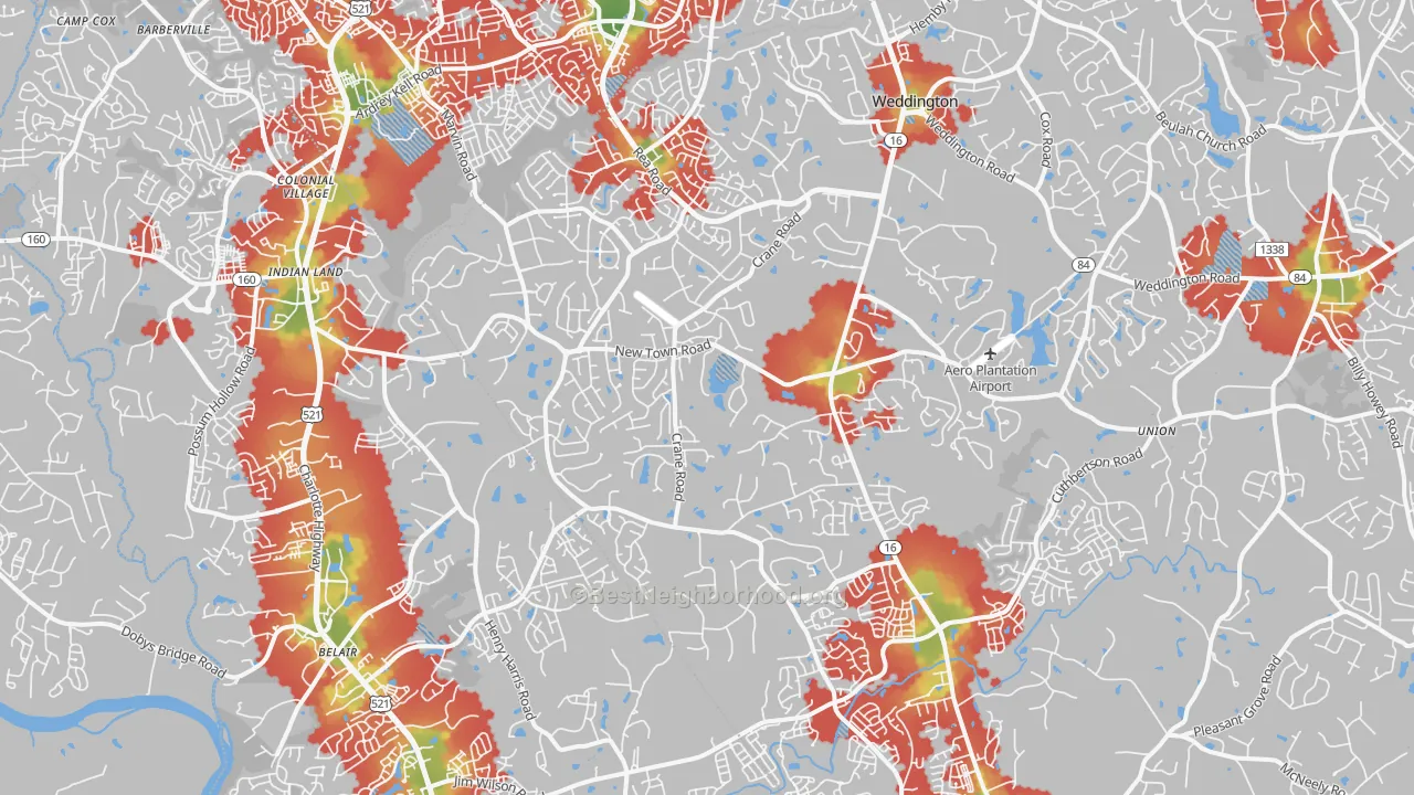 Walk Grade map of Marvin, NC, walkable areas in green and car-dependent areas in red
