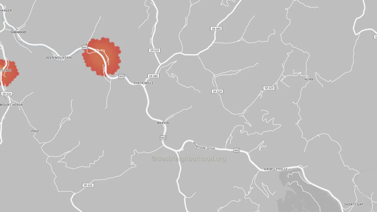 Walk Grade map of Marvin, VA, walkable areas in green and car-dependent areas in red