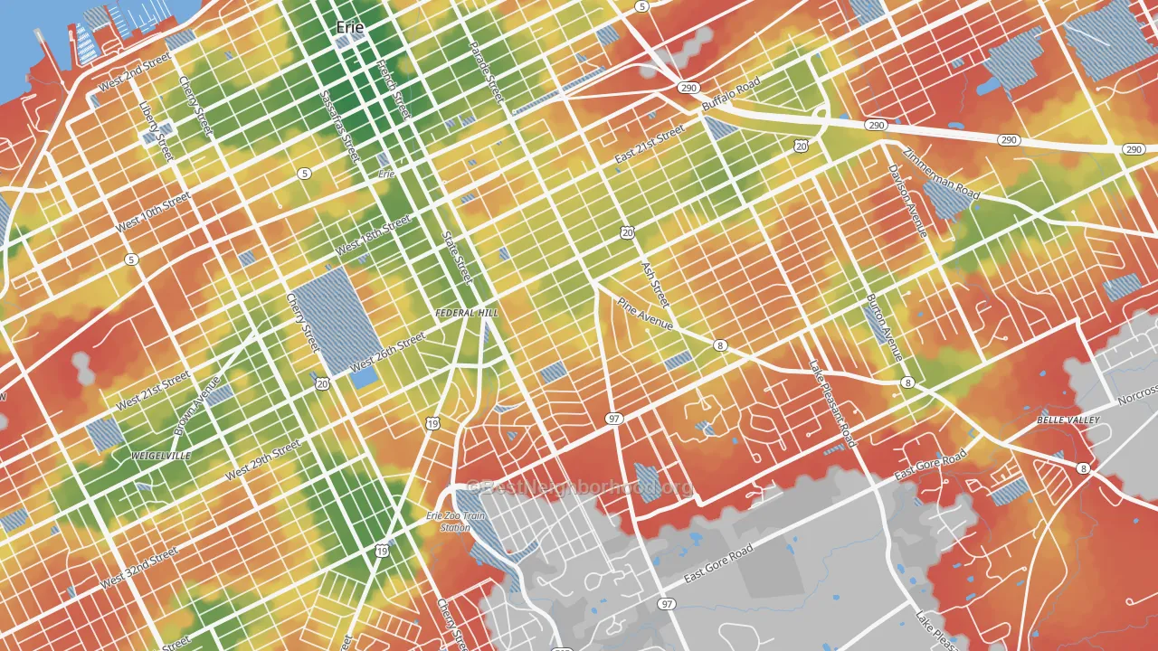 Walk Grade map of Marvintown, Erie, PA, walkable areas in green and car-dependent areas in red