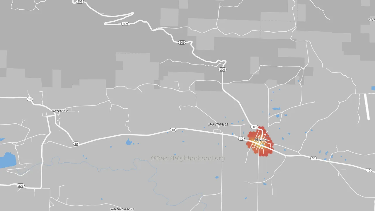 Walk Grade map of Marvinville, AR, walkable areas in green and car-dependent areas in red
