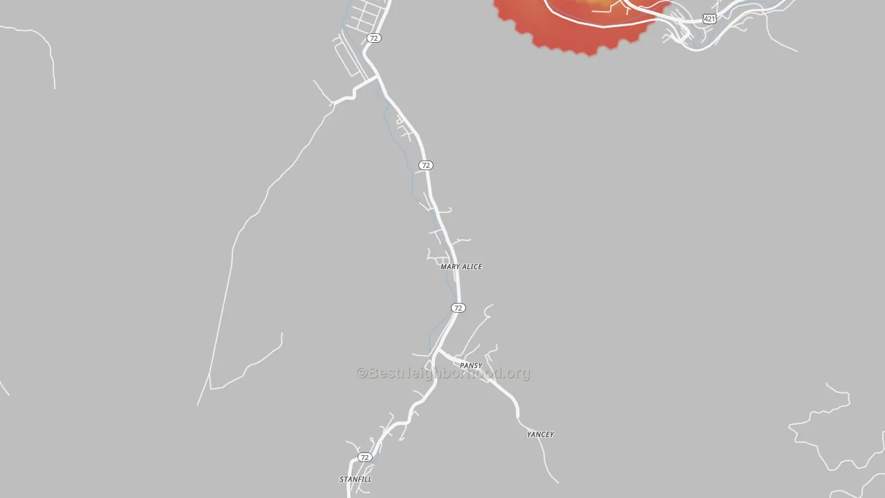 Walk Grade map of Mary Alice, KY, walkable areas in green and car-dependent areas in red