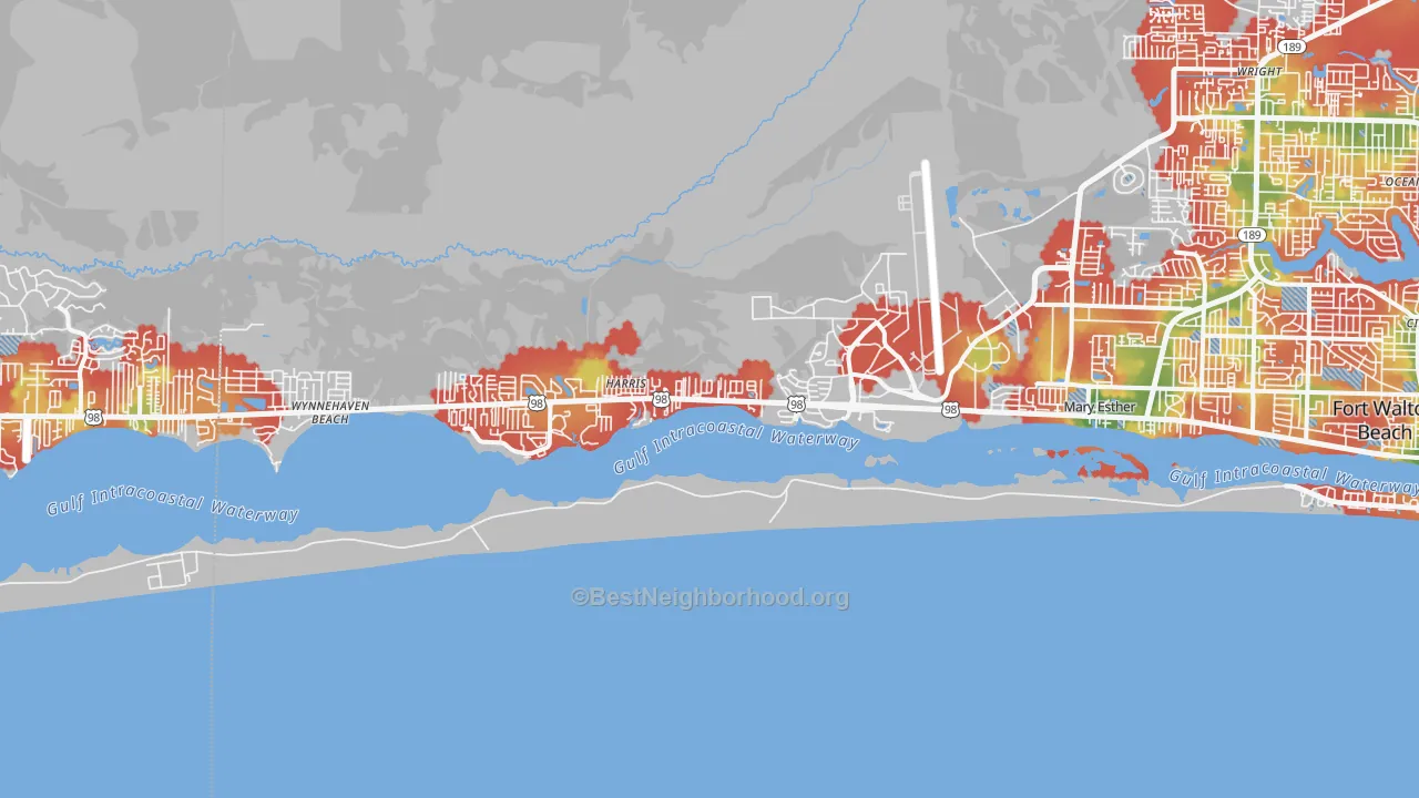 Walk Grade map of Mary Esther, FL, walkable areas in green and car-dependent areas in red