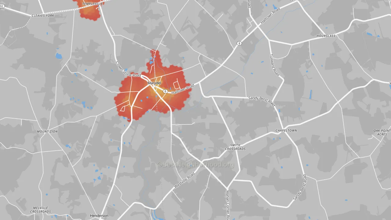 Walk Grade map of Marydel, DE, walkable areas in green and car-dependent areas in red