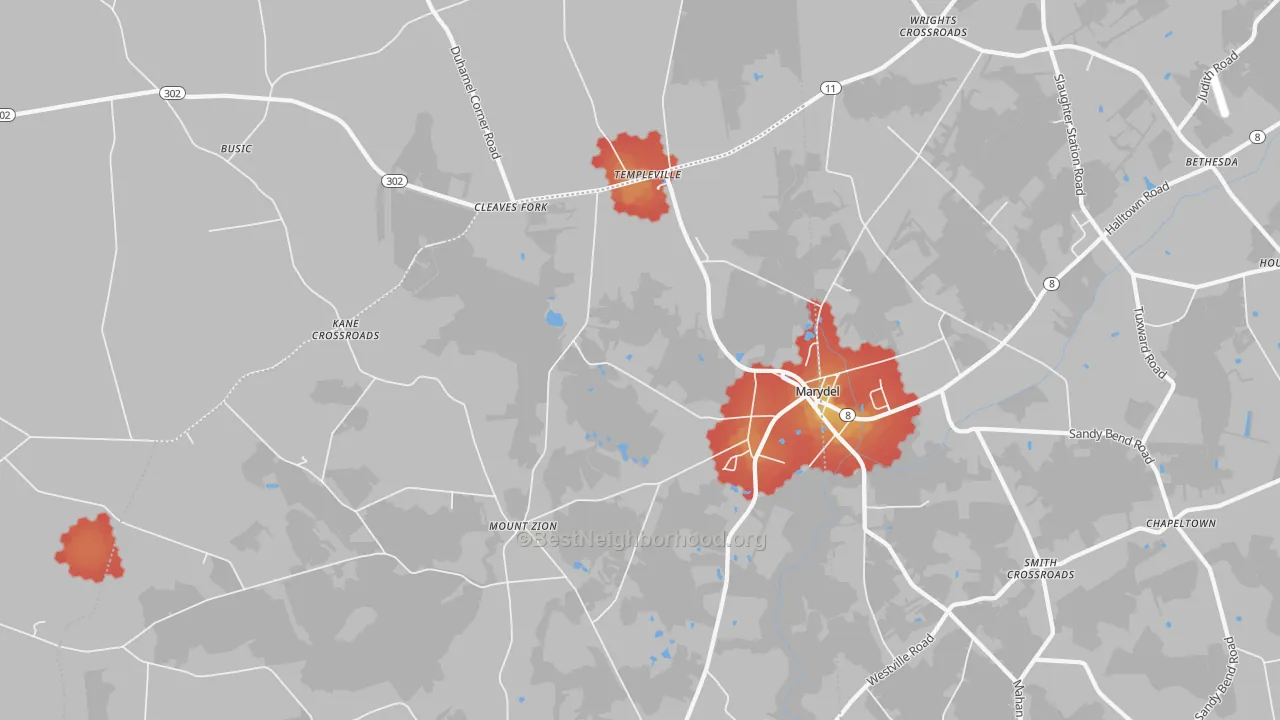 Walk Grade map of Marydel, MD, walkable areas in green and car-dependent areas in red