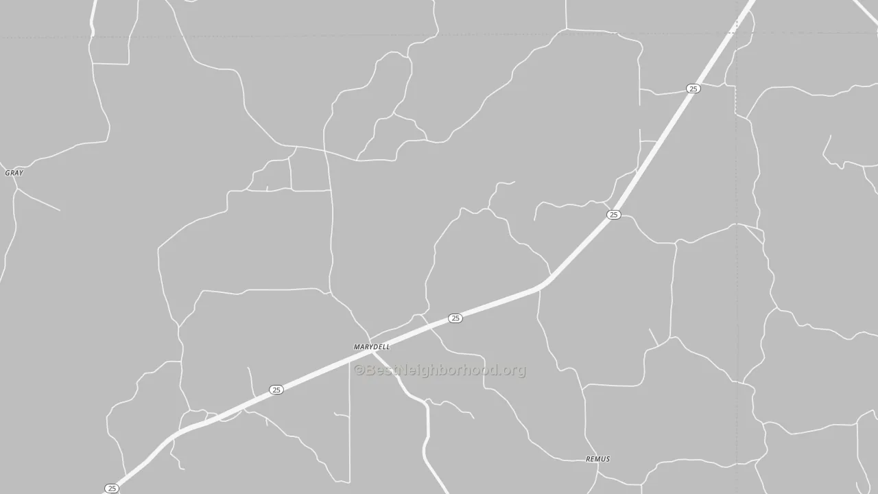 Walk Grade map of Marydell, MS, walkable areas in green and car-dependent areas in red