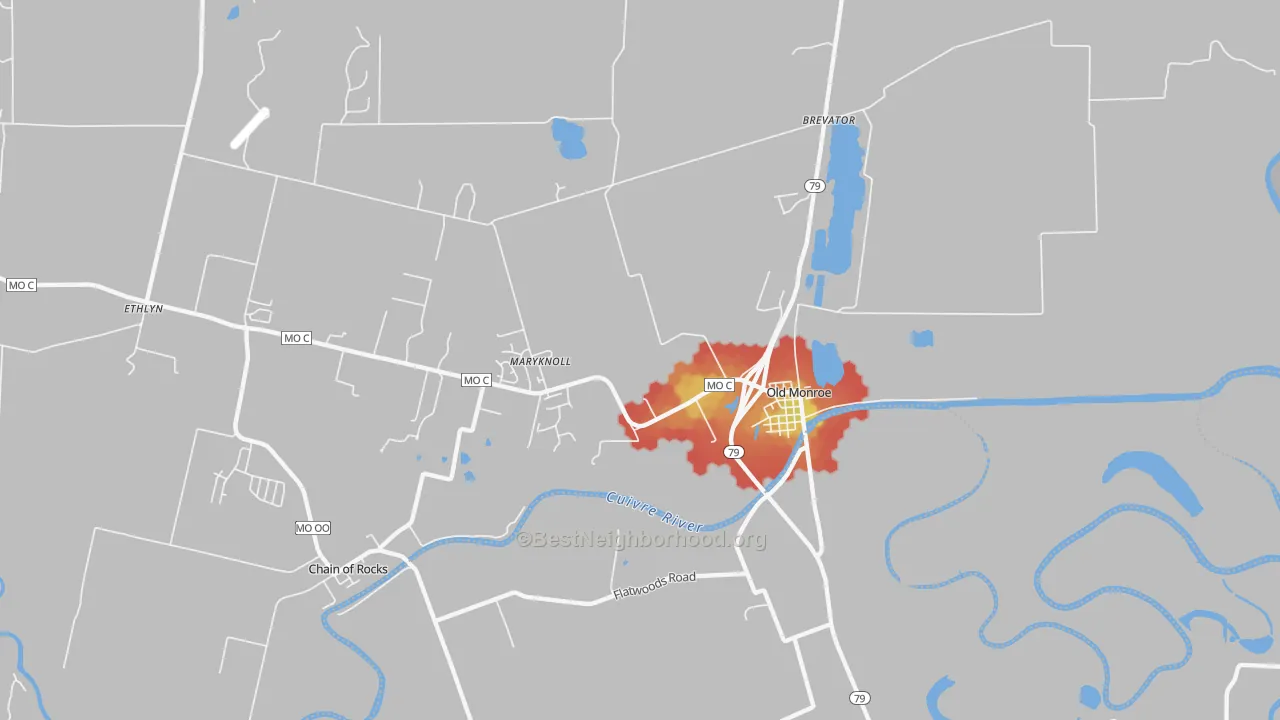 Walk Grade map of Maryknoll, MO, walkable areas in green and car-dependent areas in red