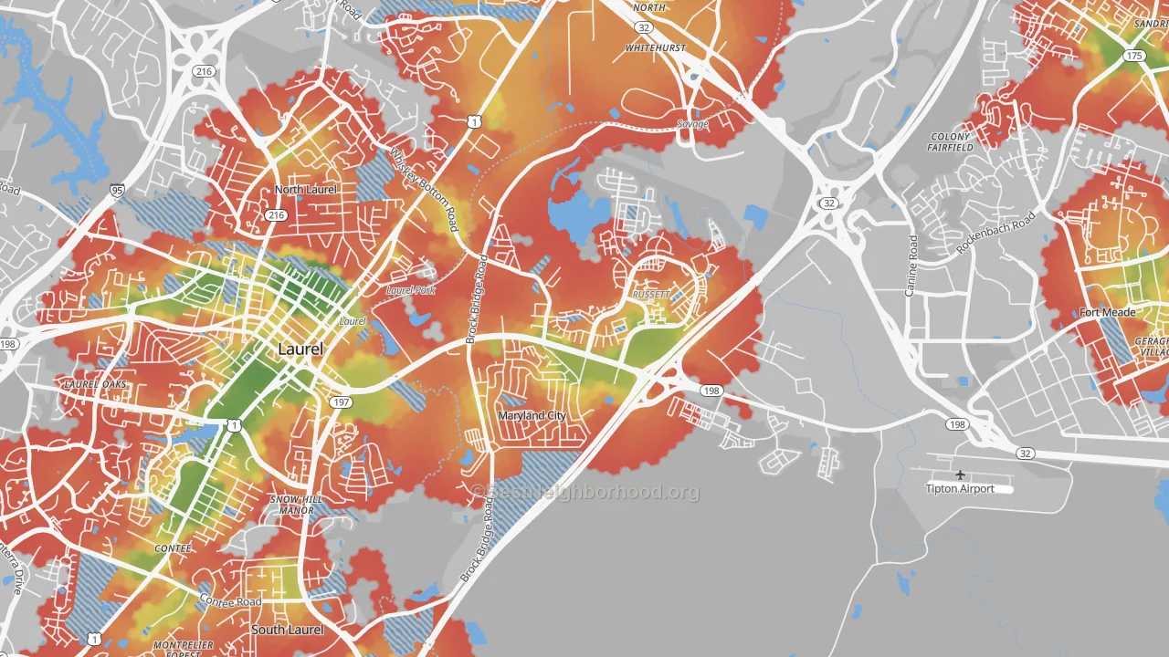 Walk Grade map of Maryland City, MD, walkable areas in green and car-dependent areas in red