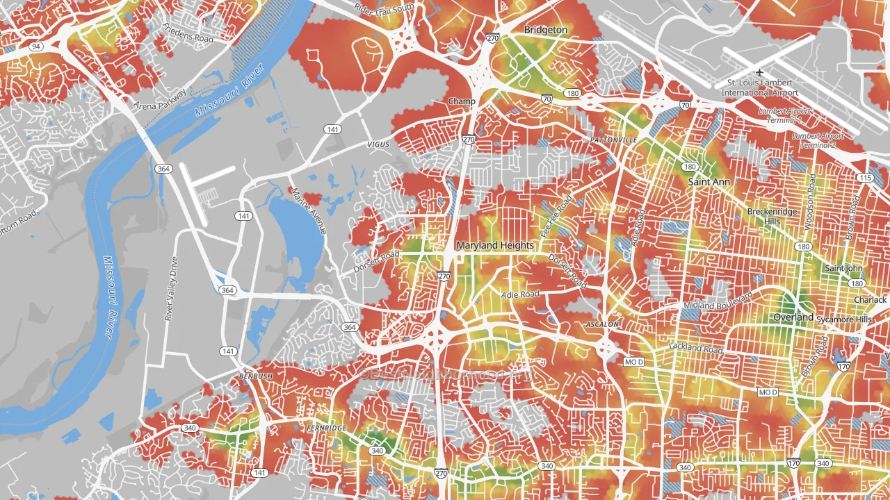 Walk Grade map of Maryland Heights, MO, walkable areas in green and car-dependent areas in red
