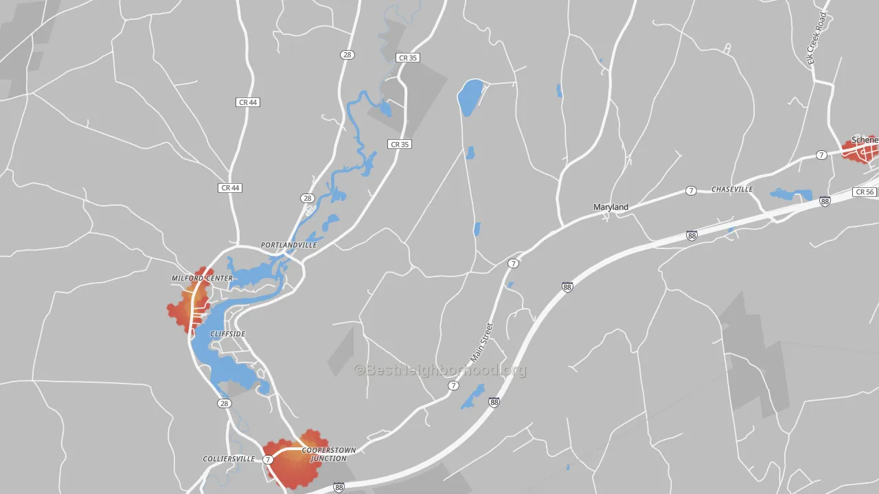 Walk Grade map of Maryland, NY, walkable areas in green and car-dependent areas in red