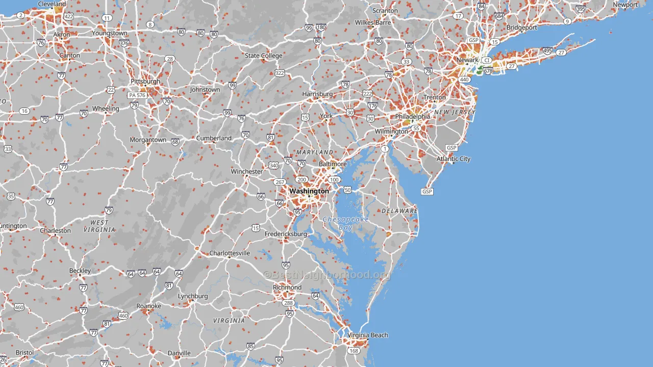 Walk Grade map of Maryland, walkable areas in green and car-dependent areas in red