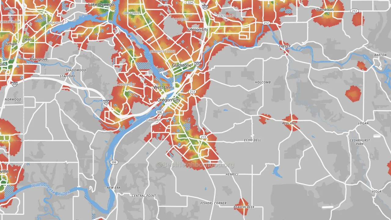 Walk Grade map of Marylhurst, OR, walkable areas in green and car-dependent areas in red