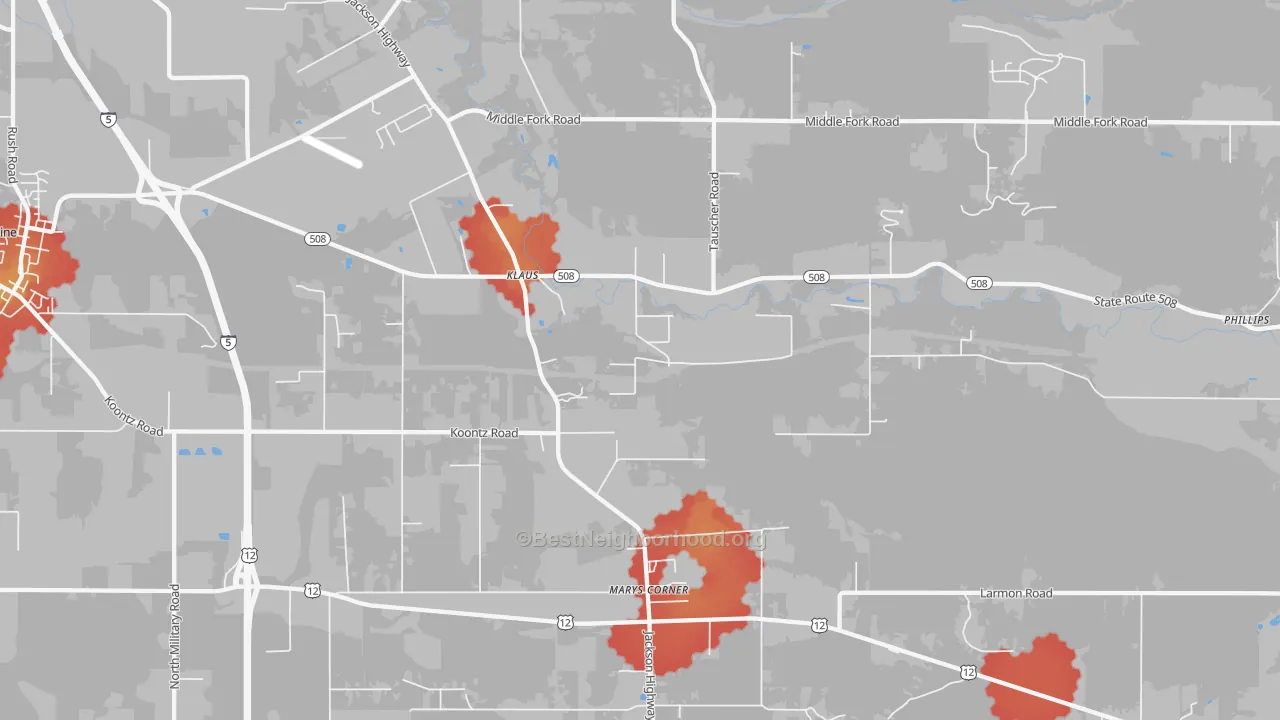 Walk Grade map of Marys Corner, WA, walkable areas in green and car-dependent areas in red