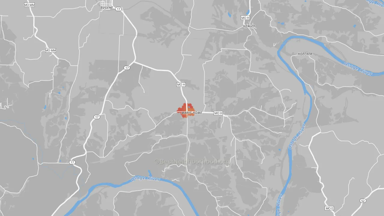 Walk Grade map of Marys Home, MO, walkable areas in green and car-dependent areas in red